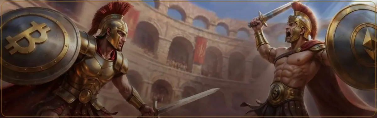 Legiano live casino — gladiators with Bitcoin and Ethereum shields in a Roman arena
